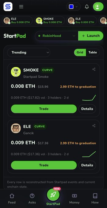 A mobile screenshot of the StartPad app showing trending tokens SMOKE and ELE on the RobinHood chain, priced at 0.008 ETH and 0.009 ETH respectively.