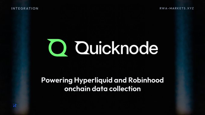 Quicknode logo with the tagline 'Powering Hyperliquid and Robinhood onchain data collection', labeled 'INTEGRATION' from RWA-MARKETS.XYZ.