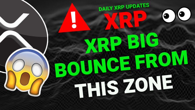 A crypto-themed graphic featuring the XRP logo, shocked emoji, and bold text "DAILY XRP UPDATES — XRP BIG BOUNCE FROM THIS ZONE" against a dark background, which complements the post's call for a major price bounce at a key support level for $XRP.