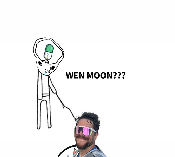 A crudely drawn alien figure with a pill-shaped head is walking a man wearing pink reflective sunglasses on a leash, with the text "WEN MOON???" between them — a humorous meme posted to promote the $PMV (PumpMindVirus) meme contest and token launch.
