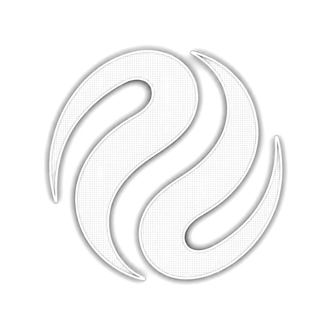 A minimalist white logo composed of curved, flowing lines forming a stylized monogram or symbol on a white background with a subtle shadow.