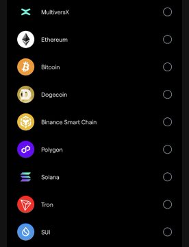 A dark-themed selection menu from the xPortal app displays nine supported blockchain networks with radio buttons, including MultiversX (highlighted at the top), Ethereum, Bitcoin, Dogecoin, Binance Smart Chain, Polygon, Solana, Tron, and SUI, showcasing the platform's broad multi-chain integration that aligns with the post's praise for its seamless blockchain experience.