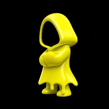 A 3D rendered yellow hooded figure with a featureless dark face stands with arms crossed against a black background.