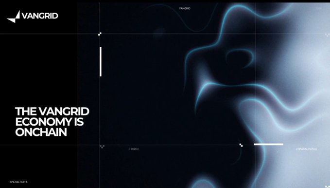 A dark promotional banner for 'VANGRID' reads 'THE VANGRID ECONOMY IS ONCHAIN' alongside abstract blue wave imagery.