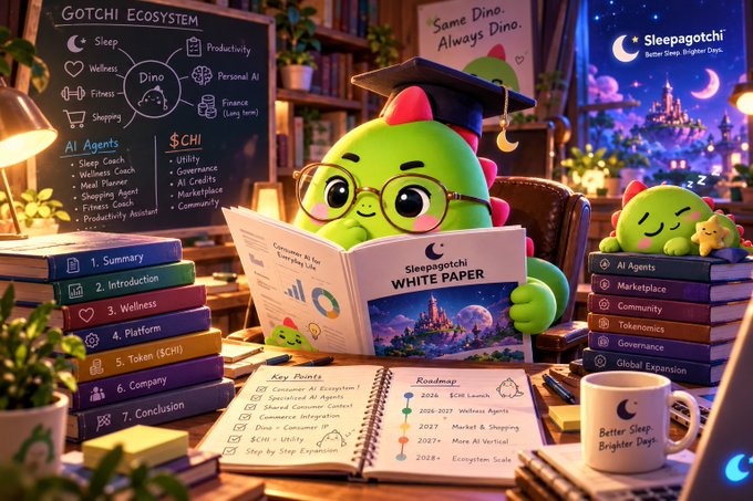 A vibrant promotional graphic for the 'Gotchi Ecosystem' featuring a green dinosaur mascot in a graduation cap reading a 'Sleepagotchi White Paper,' surrounded by ecosystem details and roadmap.
