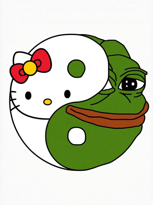 A circular meme illustration combining the faces of Hello Kitty and Pepe the Frog in a yin-yang style composition.