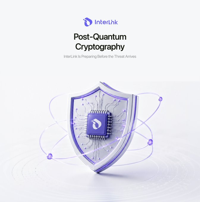 A promotional graphic for "InterLink" about "Post-Quantum Cryptography" with the tagline "InterLink Is Preparing Before the Threat Arrives," featuring a 3D shield with a circuit chip design.