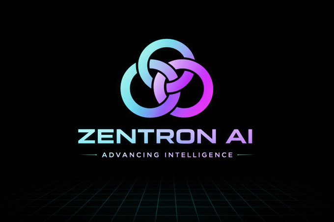 A logo for 'ZENTRON AI' with the tagline 'ADVANCING INTELLIGENCE', featuring three interlocking rings in cyan and magenta on a dark background.