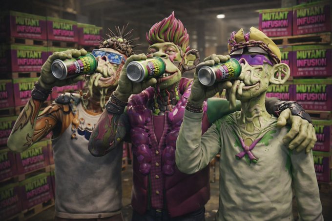 Three colorful mutant characters with exaggerated features and vibrant hair drink from cans in a warehouse filled with 'Mutant Infusion' branded boxes.