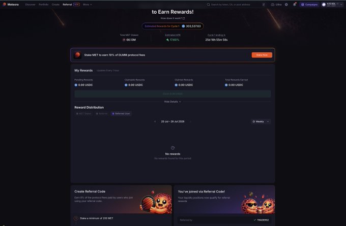 A screenshot of the Metaplex referral rewards page shows 0.00 USDC in Pending, Claimable, Claimed, and Total Rewards Earned, with an estimated rewards amount of 303.13793 and a 24d 18h 55m 59s countdown, despite the linked Solscan contract URL suggesting active on-chain transactions.