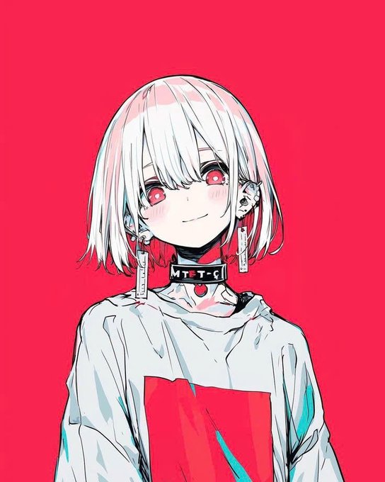 Anime-style illustration of a white-haired character with red eyes wearing a white shirt and a 'M-T-C' choker against a bright red background.