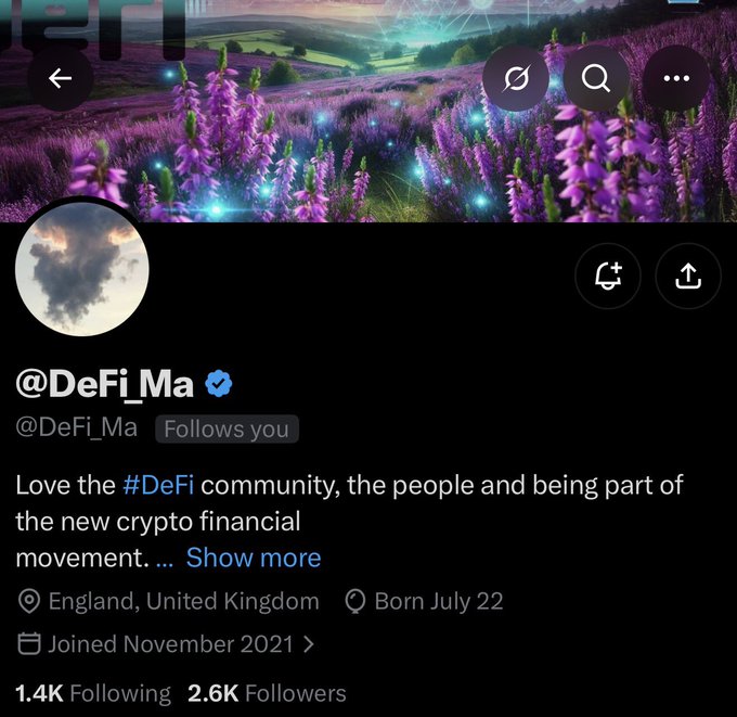 A Twitter/X profile page for '@DeFi_Ma', a verified account in England with 2.6K followers, featuring a purple flower field banner.