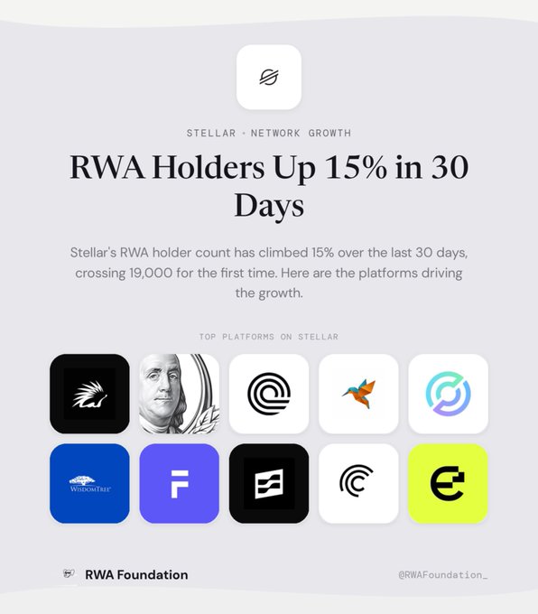 A Stellar network graphic titled 'RWA Holders Up 15% in 30 Days' showing the top platforms on Stellar, credited to RWA Foundation (@RWAFoundation_).