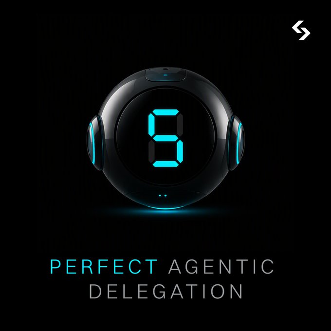 A futuristic spherical device displaying the glowing cyan number "8" appears alongside the text "PERFECT AGENTIC DELEGATION," visually representing the "8" fraction mentioned in the post (5/8) and symbolizing Bitget's GetAgent and Agent Hub as advanced, AI-driven tools that help traders filter market noise and execute efficiently.