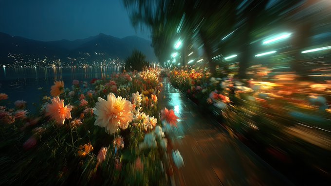 A flower-lined waterfront path at night is shown with strong motion blur and streaking lights.