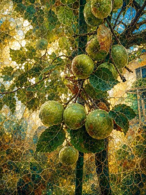 A painting of green apples hanging from a leafy branch, with sunlight filtering through the trees in the background.