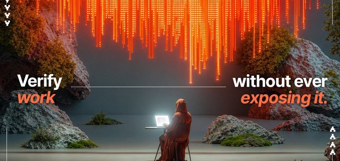 A hooded figure at a laptop by a lake at night, beneath a massive red digital data stream, with text reading 'Verify work without ever exposing it.'