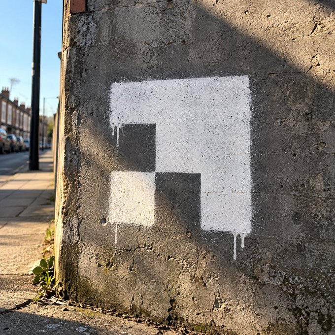 A photograph showing a white geometric graffiti symbol, resembling a pixelated letter 'F' or Tetris piece, spray-painted on a weathered concrete wall along a sidewalk.