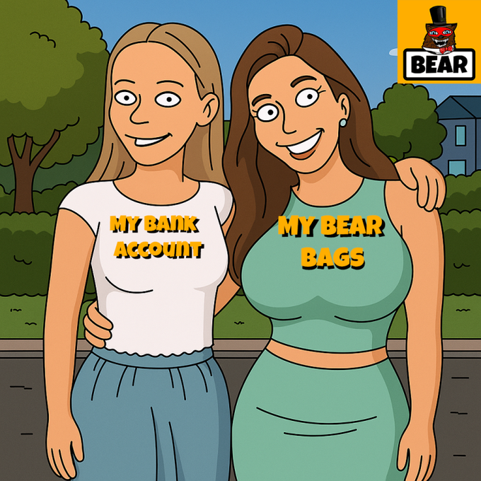 A cartoon illustration of two smiling women standing together, one wearing a shirt labeled 'MY BANK ACCOUNT' and the other 'MY BEAR BAGS,' with a 'BEAR' logo featuring a bear in a top hat in the corner.