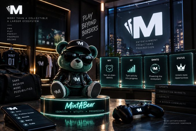 An advertisement featuring a green teddy bear wearing sunglasses and a leather jacket, surrounded by text including 'M', 'MORE THAN A COLLECTIBLE A LARGER ECOSYSTEM', 'OWN PLAY PREDICT PROGRESS BELONG', 'PLAY BEYOND BORDERS', 'ENTERTAINMENT PREDICTIONS PROGRESSION', 'Mint4Bear', 'IDENTITY UTILITY PROGRESSION', 'SAME PASSION MORE POSSIBILITIES', 'NFT', 'XP', '$MNTD', 'STATUS', 'Your on-chain identity', 'Turn activity into progress', 'Powering the ecosystem', 'Unlock more opportunities', 'MINT 01', 'SPORTS PREDICTION MARKETS LOYALTY A BIGGER COMMUNITY', and 'WEB3 ENTERTAINMENT FOR A BROADER TOMORROW'.