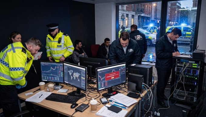A busy police operations room with officers in high-visibility yellow jackets and dark FCA-branded jackets working at computer monitors displaying financial charts, maps, and data, with police vehicles visible outside the window.