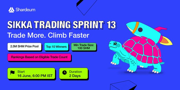 The image shows a poster promoting the trading of cryptocurrencies, specifically focused on "Trade Sprint 13" that has an animated turtle participating in a sprint contest with a rocket-shaped prize at its end. The text on the poster encourages users to trade their favorite coins or tokens for the prizes and includes instructions on how to participate and what's required for the competition. The overall design of the image gives it a fun, vibrant feel that captures the attention of potential participants in the contest.
