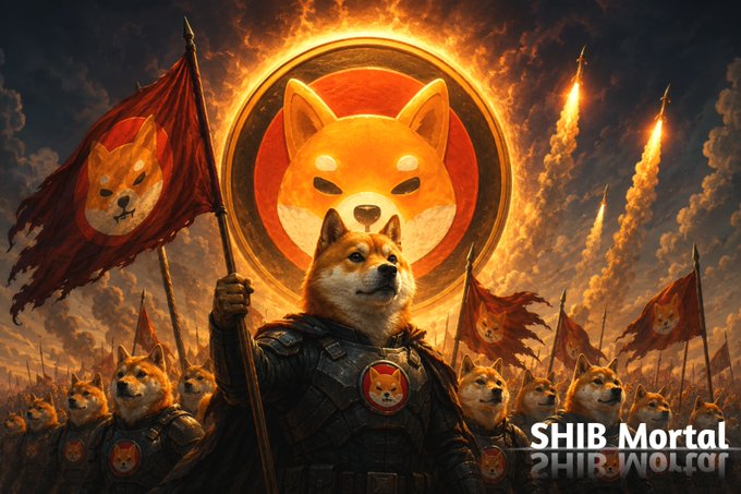 The image shows an army of armored Shiba Inu warriors charging into battle under fiery skies, with a central Shiba Inu commander raising a flag while missiles launch behind them, and the text "SHIB Mortal" visible in the corner. The post references $SHIB having the "strongest army on earth," which the image visually reinforces by depicting an epic, militant Shiba Inu army ready to conquer the crypto battlefield alongside bullish rocket imagery symbolizing the "to the moon" rally sentiment.