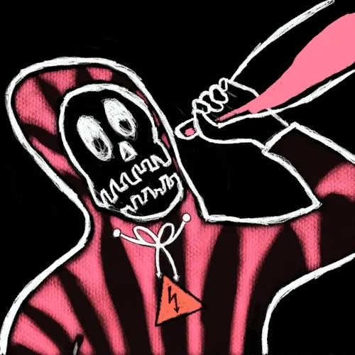A stylized digital illustration depicts a black skull-faced figure in a red hooded robe holding a pink blade, wearing a lightning bolt pendant.