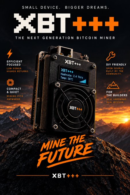 A promotional poster for the "XBT+++" labeled as "The Next Generation Bitcoin Miner," showing specs like a hashrate of 2.4 TH/s at 50°C, with the tagline "Mine The Future"—teasing an upcoming product reveal hinted at by the "Something is cooking" post.