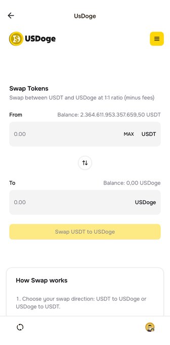 A mobile app interface for 'USDoge' displays a 'Swap Tokens' function allowing conversion between USDT and USDoge at 1:1 ratio (minus fees), with a balance of 2,364,611,953,357,659.50 USDT shown.