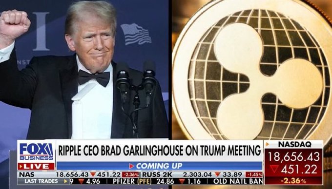 A Fox News broadcast featuring Donald Trump giving a thumbs-up beside a large XRP/Ripple logo, with the headline 'RIPPLE CEO BRAD GARLINGHOUSE ON TRUMP MEETING' and a ticker showing the NASDAQ at 18,656.43.
