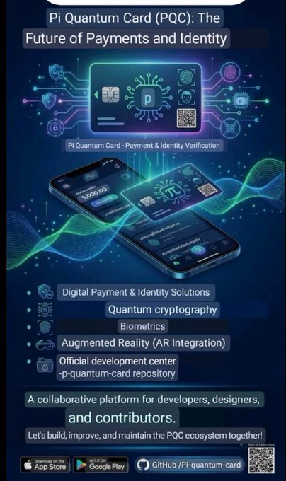 A promotional graphic for 'Pi Quantum Card (PQC): The Future of Payments and Identity' featuring a digital card with quantum chip, smartphone mockups, and text highlighting Digital Payment, Quantum cryptography, Biometrics, AR Integration, and links to App Store, Google Play, and GitHub.