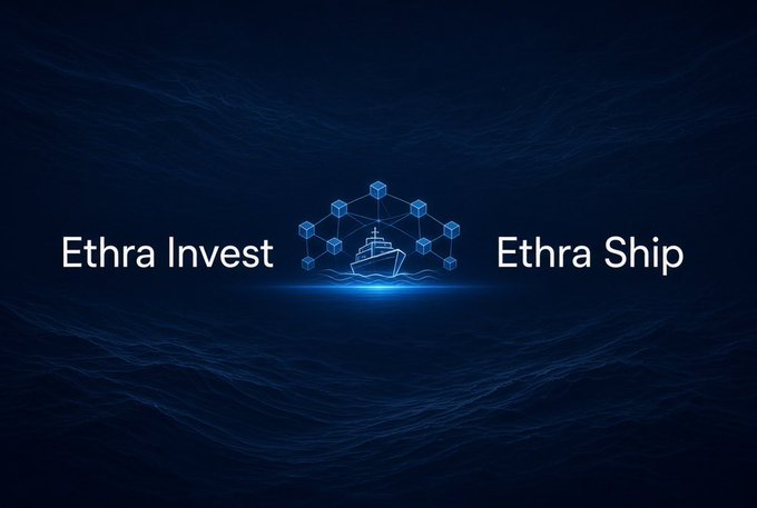 A dark blue tech-themed graphic displays 'Ethra Invest' and 'Ethra Ship' flanking a central hexagonal blockchain icon featuring a ship logo over water.