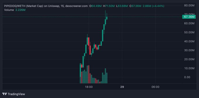 The image shows a TradingView candlestick chart for PIPEDOG/WETH on Uniswap with a 15-minute timeframe, displaying a sharp price surge from ~$10M to $67.38M with a +4.44% gain and 2.226M volume.

The chart appears unrelated to "$CASHCAT" and instead depicts the dramatic upward price movement of the PIPEDOG memecoin paired against Wrapped Ethereum (WETH), suggesting the post's claim about flipping CASHCAT may be ironic given the asset shown is a different token experiencing extreme volatility.