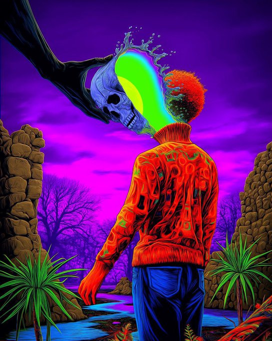 A surreal psychedelic digital artwork showing a figure in a red patterned sweater with a glowing green and blue skull-like head emerging from a tree branch, set in a purple landscape with stone formations.