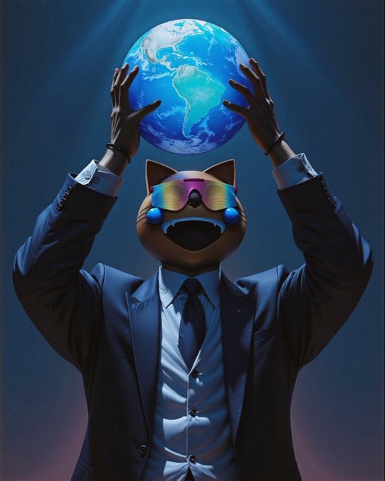 A digital artwork of a figure in a suit with a cartoon cat head wearing reflective sunglasses, holding up the Earth illuminated by blue light.