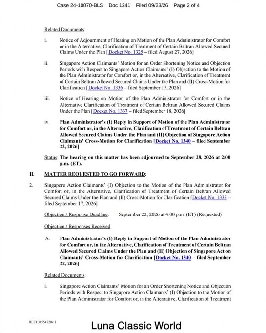 A legal court document titled 'Case 24-10070-BLS Doc 1341' filed 09/23/26, page 2 of 4, with a watermark 'Luna Classic World'. It lists related documents regarding motions from Singapore Action Claimants and Plan Administrator, with a hearing adjourned to September 28, 2026 at 2:00 p.m. ET.