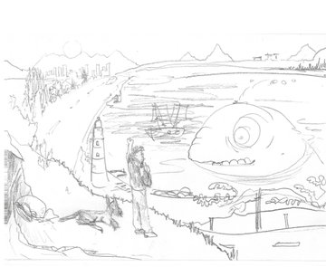 A pencil sketch portrays a fantastical landscape featuring a large whale-like creature, a rocket ship, a figure, and mountains in the background.
