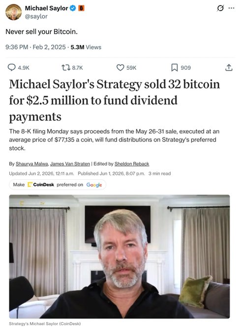 The image features a man sitting down, possibly at home or in front of a couch. The main focus of the image is the post that says "Never sell your Bitcoin". This message appears to be posted by someone named Michael Saylor on Twitter.