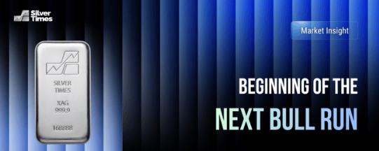 A promotional graphic showing a silver bar labeled 'Silver Times' with 'Market Insight' and 'BEGINNING OF THE NEXT BULL RUN' text.