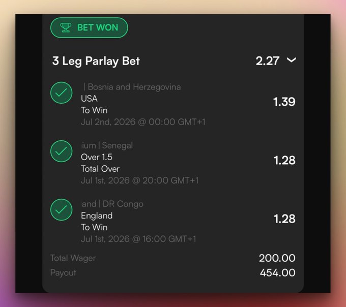 A screenshot of a winning 3-leg parlay bet slip showing a successful 200.00 wager that paid out 454.00, featuring USA vs Bosnia and Herzegovina (1.39), Senegal Over 1.5 (1.28), and England vs DR Congo (1.28). The image visually confirms the social media post celebrating the user's 6-day win streak on the DivvyBet prediction market, crediting USA and England's victories for turning $200 into $454.