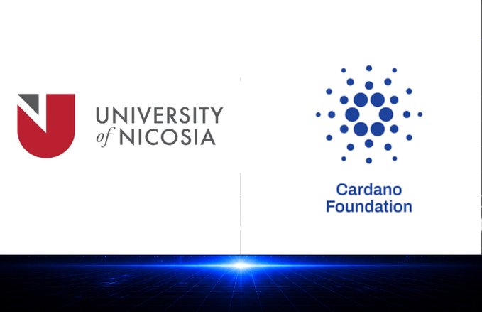 The image displays the logos of the University of Nicosia and the Cardano Foundation side by side against a blue light backdrop, visually representing their newly announced academic partnership. The collaboration will bring Cardano ($ADA) education to students enrolled in the university's Blockchain and Digital Assets course in Cyprus.