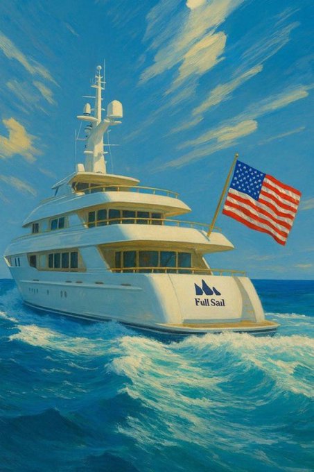 The image features a painting of a large white yacht sailing across the ocean, with an American flag flying from its mast. The painting also includes text that reads "@FullSailFi" and "@SuiNetwork", which are likely related to the artwork's subject matter or the artist who created it. The post mentions that the artwork is part of Sui Network's focus on @FullSailFi, a DEX (decentralized exchange trading) platform that combines concentrated liquidity + dynamic fees into prediction markets through gamified voting for smarter LP rewards. This suggests that the painting could be related to or inspired by the concept of @FullSailFi and its innovative approach to DeFi.
