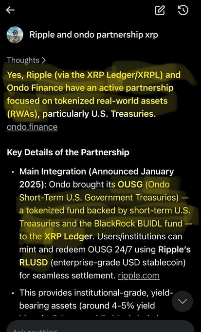 A screenshot of a mobile chat interface displaying information about the Ripple and Ondo partnership, highlighting details such as the OUSG tokenized fund on the XRP Ledger, integration with Ripple's RLUSD stablecoin, and yield-bearing assets offering around 4-5% return, with highlighted text mentioning XRPL, Ondo.finance, and ripple.com—directly supporting the post about the DTCC, Ondo, and Ripple collaboration.