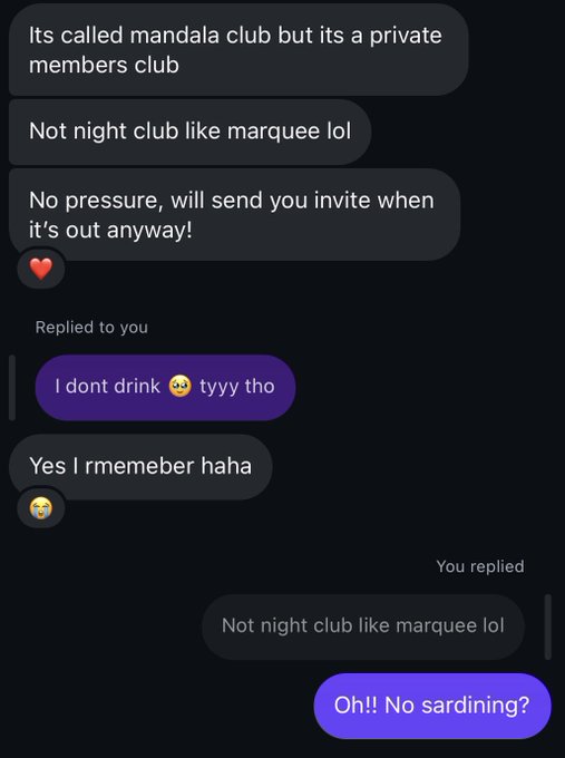 A text message conversation where someone mentions 'mandala club' being a private members club, and the recipient responds that they don't drink.