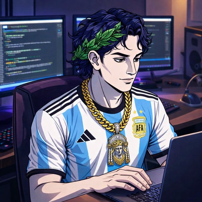 An anime-style illustration of a young man with dark hair wearing a laurel wreath, gold chain, and Argentina AFA soccer jersey, working at a computer with code on monitors behind him.