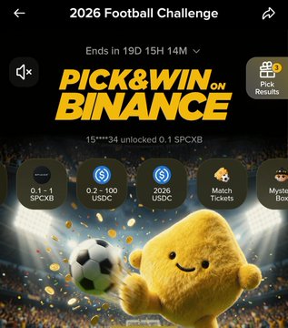 A promotional screen for Binance's "2026 Football Challenge" Pick & Win event on Binance, showing a countdown timer of 19D 15H 14M and rewards unlocked including 0.1 SPCXB, 0.2-100 USDC, 2008 USDC, and Meta Tickets, featuring a cute yellow mascot holding a football, which relates to the post about opening reward boxes expecting USDC winnings.