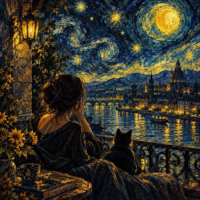 Digital artwork in Van Gogh's 'Starry Night' style, showing a woman with a black cat looking over a balcony at a lit-up European cityscape and river at night.