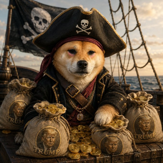 An AI-generated image depicts a Shiba Inu dog dressed as a pirate with a skull-and-crossbones hat and Jolly Roger flag, surrounded by money bags labeled 'TRUMP' filled with gold coins on a ship deck.