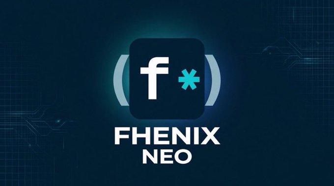 A logo for 'Fhenix Neo' featuring a stylized 'f' symbol with an asterisk on a dark blue tech-themed background.